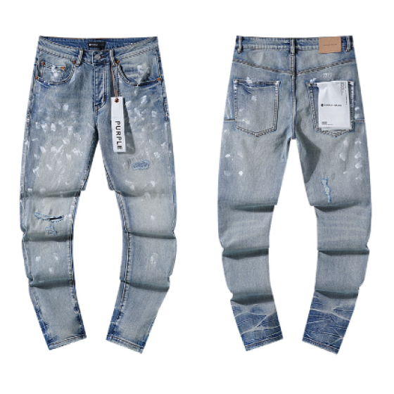 Light Blue Washed Slim Denim Jeans with White Paint Splatter and Distressing